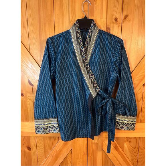 Chinese Women’s Wrap Kimono Jacket Blue Multicolor Pattern READ Size (5420) - Picture 1 of 5